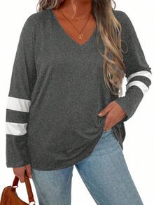 Plus Striped Print V Neck Tee Graphic Tees Women Tops - Dark Grey - View 3