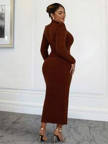 Xyvia Women's Autumn/Winter Long Textured Elegant Bodycon Dress With Puff Sleeves - Mocha Brown - View 2