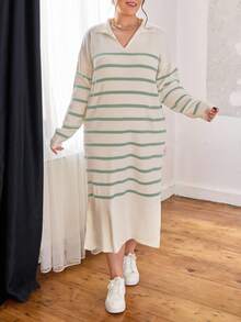 EURMUSE Vestido de suéter con abertura en el bajo y estampado de rayas - verde menta - Ver 5
