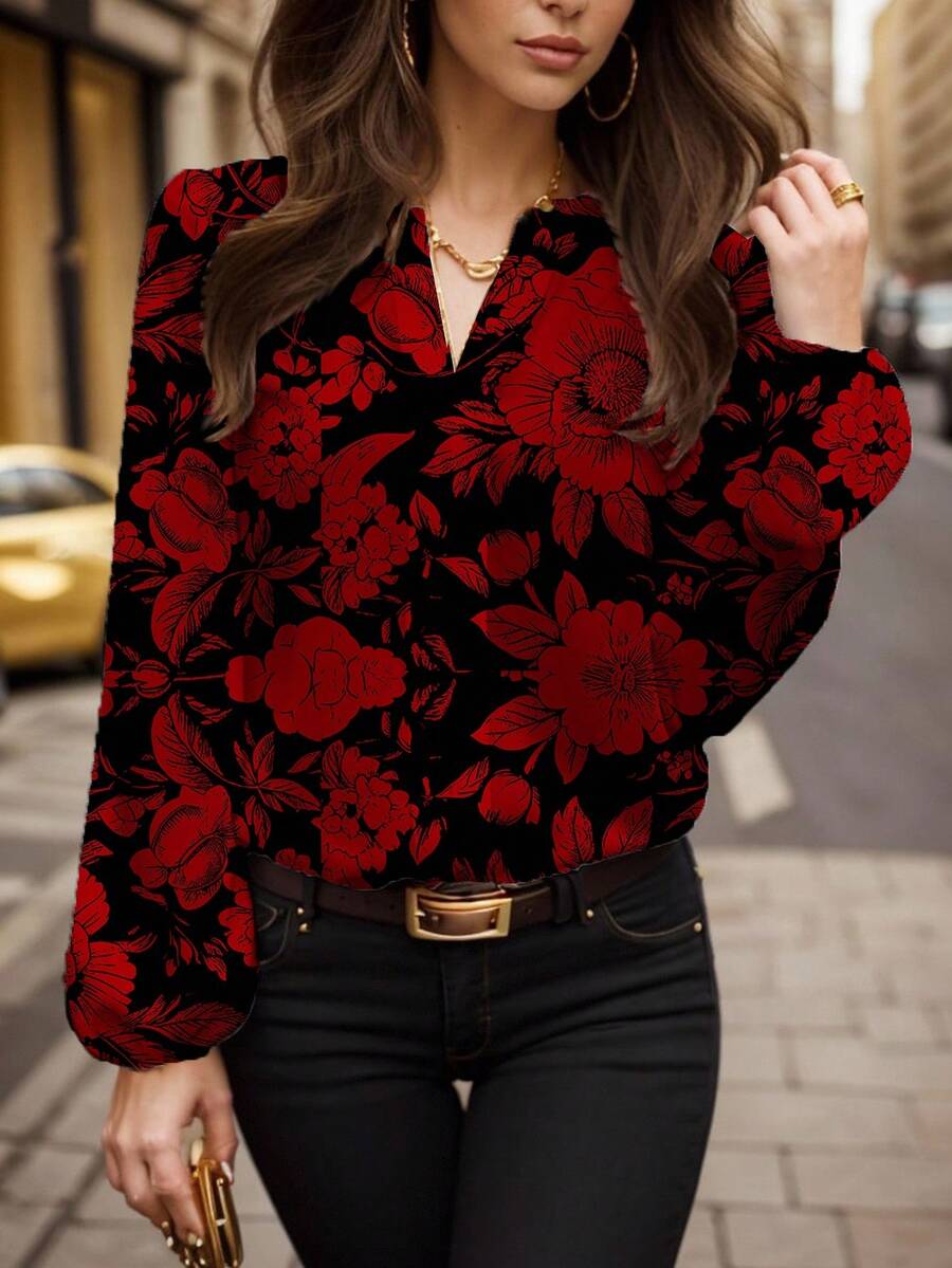 Glamance STROM NIGHT Women Red Blouses Long Sleeve Notched Boho Floral Plants All Over Print Plain Summer For Women Summer Tops Going Out Office Women Going Out Business Casual Woman Office For Women Fall Day Night Women Travel Airport Streetwear Women Fall Clothes Modest Flowy Top Going Out Elegant Blouses Winter Chic Stylish Clothing Collection