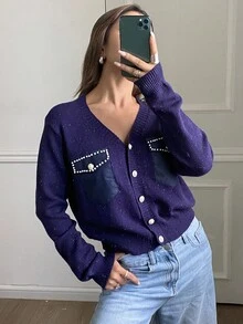 DAZY Women's Casual Faux Pearl Knitted Cardigan, Autumn/Winter New Arrival - Navy Blue - View 3