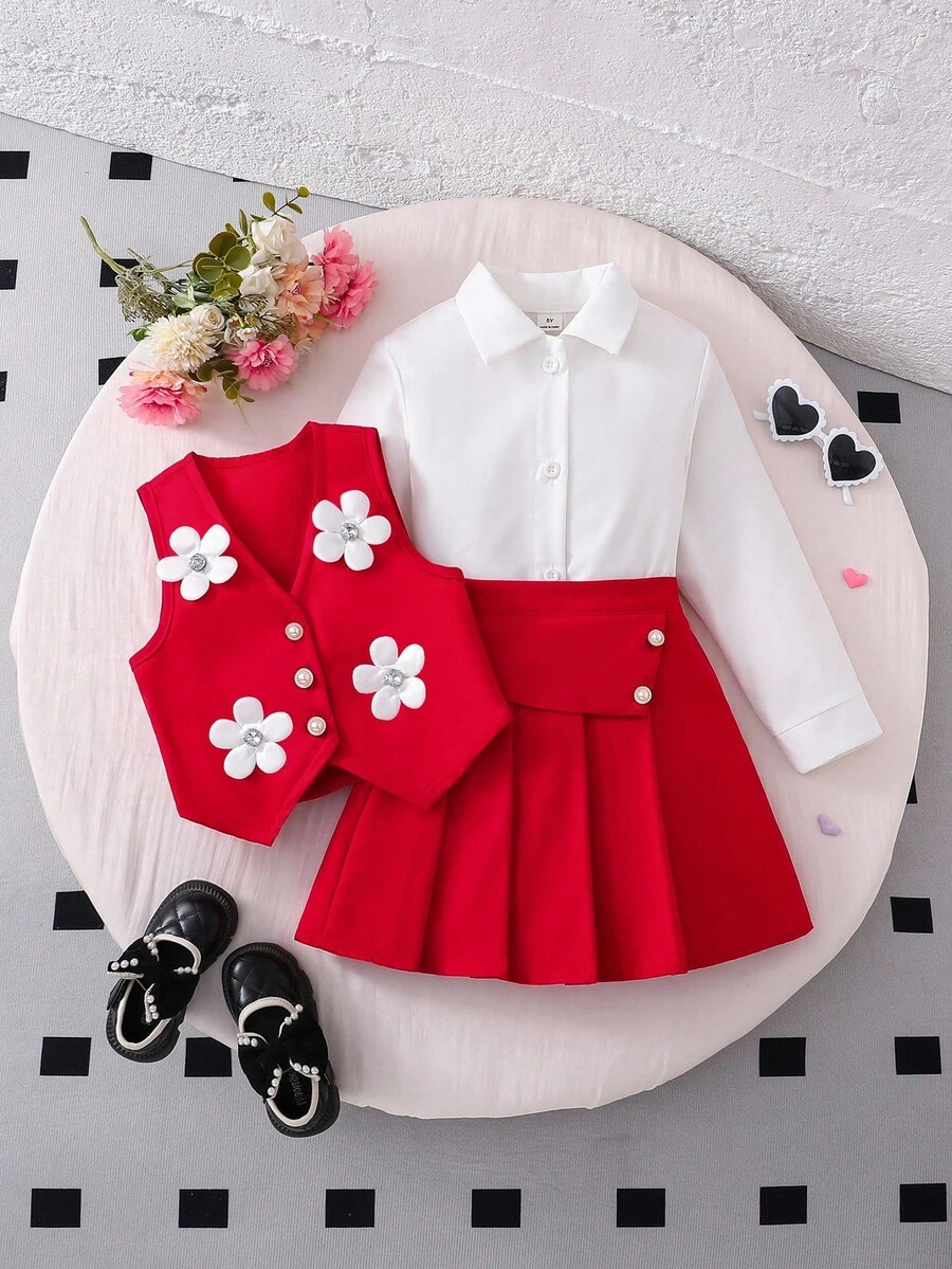 Elladie kids Áo sơ mi dài tay màu trắng phong cách học sinh nữ kết hợp với áo vest đen có 4 nếp gấp thủ công, miếng vá hình tam giác ngược và áo vest cài 2 nút có 6 họa tiết hoa 3D, Bộ đồng phục học sinh, Trở lại trường, Mọi mùa - Đỏ - Xem 1