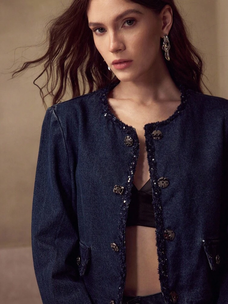 Denim Jacke mit Kontrast-Pailletten-Besatz und Klappe