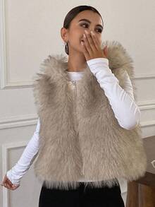 DAZY 女士无袖连帽仿皮草外套，宽松休闲街头风冬季背心女式大衣 - 卡其色 - 查看 7