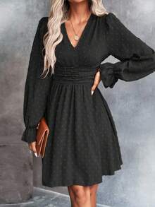 EMERY ROSE Casual Commute Solid Color Textured Waist Dress - Black - View 6