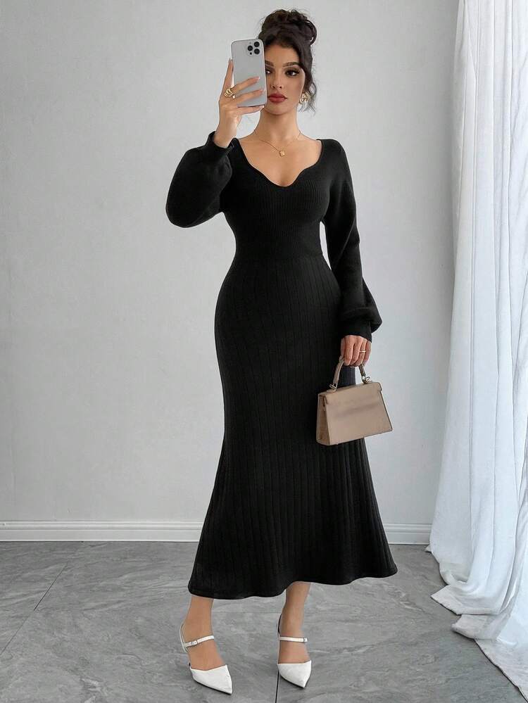 Women's Elegant Fitted Knit Sweater Dress, Autumn/Winter