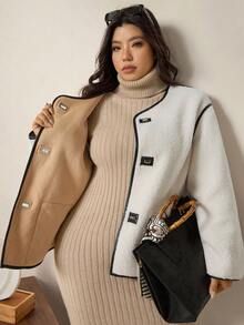 Zelara Plus Size Women Casual Versatile Contrast Color Trim Jacket, Autumn/Winter Winter Clothes Christmas Chic Fall Party Going Out  Elegant