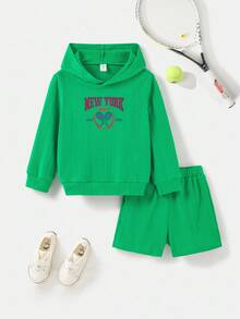 SHEIN 2pcs Toddler Boy Elegant College Style Ribbed Hoodie And Shorts Set,Green Kids Sweatsuit,Tennis Outfit Suitable For School,Autumn,Back-To-School - Green - View 3