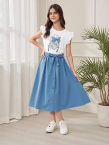 SHEIN Conjunto de falda y blusa estampada para adolescente