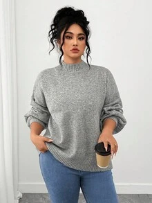 SHEIN Tall CURVE Plus Size Casual Drop Shoulder Crew Neck Long Sleeve Sweater Winter Fall Autumn - Grey - View 5