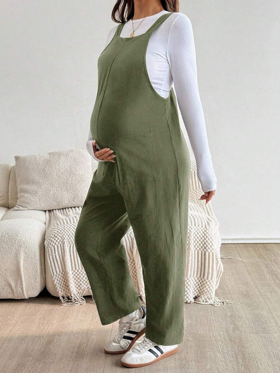 孕妇纯色宽松休闲连体裤，带口袋 - 軍綠色 - 查看 1