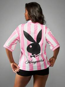 Missguided x Playboy Oversized Graphic Collared Jersey Shirt With Vertical Stripes And Number Print - Multicolor - View 2