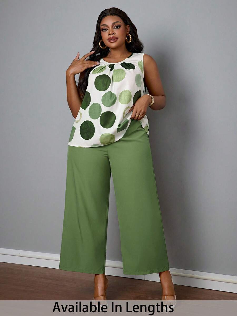 SHEIN PETITE CURVE 2 Stücke/Set Große Größen Rundhals Ärmelloses Top mit Rundumprint und farbige weite Hose - Grün - Übersicht 1
