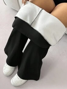 SHEIN EZwear Plus Size Autumn/Winter Casual Solid Color Wide-Waist Thickened Pants - Black - View 13