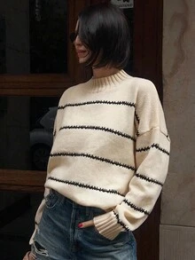 Livesso 女士休闲条纹宽松针织毛衣，秋冬 - 白色 - 查看 1