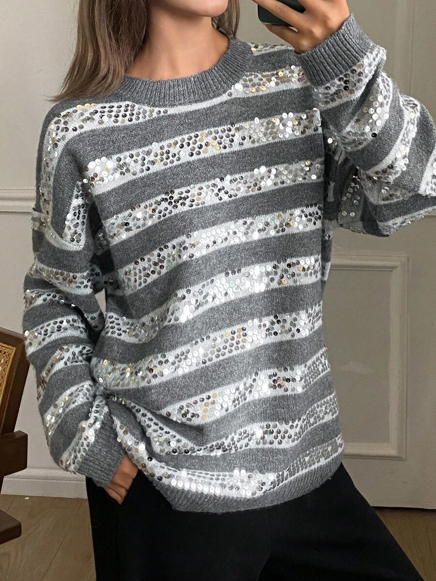 DAZY Áo len dệt kim dáng rộng cổ tròn họa tiết sọc tương phản dành cho nữ mùa thu/đông - Xám - Xem 1