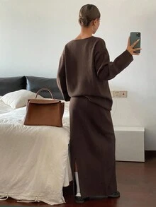 DAZY 2pcs/Set Women Loose Casual Brown Knitted Sweater Set, Autumn/Winter - Brown - View 2