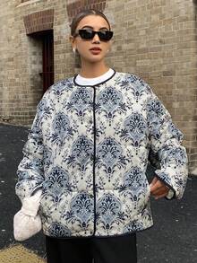 DAZY Autumn/Winter New Loose Casual Round Neck Blue And White Porcelain Print Women Padded Coat Jacket - Blue and White - View 4