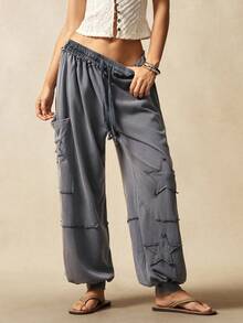 Bohemela 乡村度假休闲纯色针织低腰宽松女裤 - 深灰色 - 查看 4