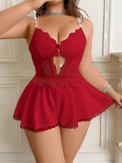 SHEIN 撞色蕾丝拼布镂空珍珠链条吊带连体睡衣