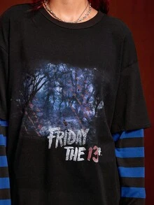 Friday the 13th X ROMWE Women's Casual Fashion Street Goth Style Letter & Tree Pattern Contrast Stripe 2-In-1 Loose T-Shirt, Spring/Autumn - Black - View 6