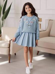 SHEIN Tween Girl 2 Pieces Knit Set, Cute 3D Bow Sweater With Pleated Skirt, Adorable & Elegant, Winter - Blue - View 6