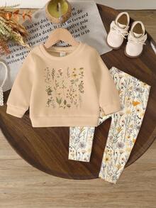 Playful Pals 2pcs/Set Cute Sweet Baby Girls Casual Floral Print Knit Soft Round Neck Long Sleeve Sweatshirt And Leggings Set, Suitable For Autumn/Winter, Comfortable, Fashionable Casual Outfit, Great For Back To School, Outdoor, Photography, Home, Campus, Holidays, Gifts