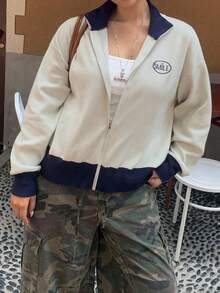 Dazy Plus Chaqueta de punto con cremallera y bloqueo de color con patrón bordado, informal y de talla grande para mujer, otoño/invierno - Albaricoque - Ver 7