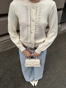 Pariaura 女士不对称镂空蕾丝拼布纯色针织开衫，复古法式圆领毛衣外套，秋冬 - 米色 - 查看 2