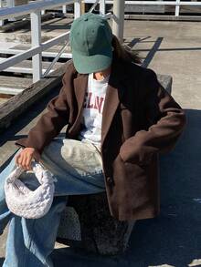 DAZY 女士休闲复古翻领中长款大衣，秋冬外套 - 咖啡棕 - 查看 3