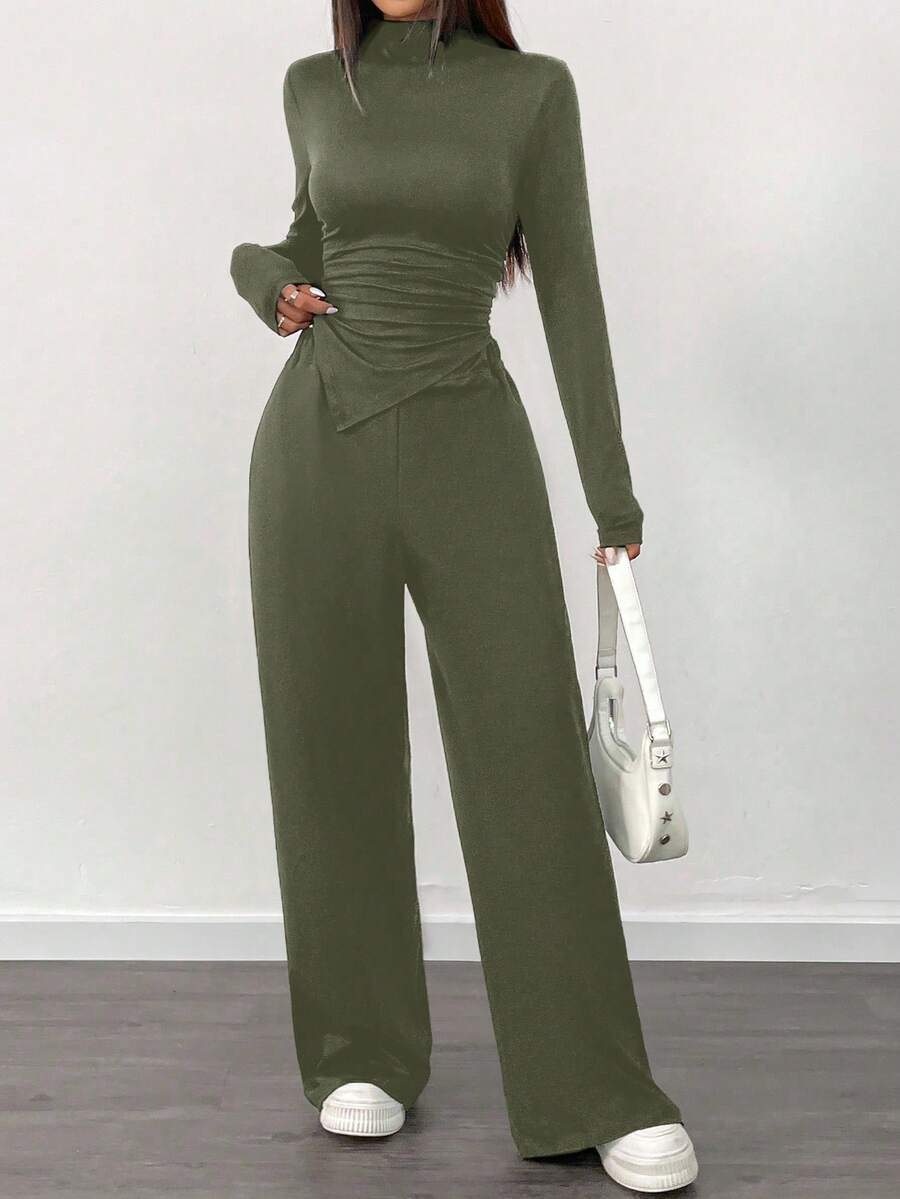 Almamuse 2pcs/Set Asymmetric Ruched Hem Long Sleeve Top And Wide Leg Pants Suit - Army Green - View 1