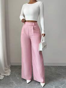 Elenzga 女士粉色竹纤维面料腰部前片搭扣设计优雅教师制服专业休闲裤，感恩节、万圣节必备百搭宽松直筒裤 - 粉色 - 查看 5
