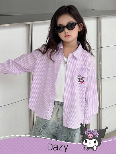 DAZY HELLO KITTY AND FRIENDS | SHEIN 少女翻领条纹长袖梭织衬衫