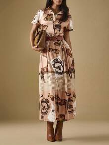 Briarwyn Women's Fashion Commuter Western Style Satin Printed Button Front Long Dress,Fall Dresses,Button Up Shirt Dress Women Old Money Style Women Elegant Dresses For Women