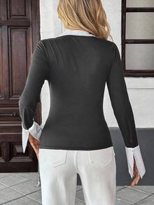 Pariaura Women's Fashionable 2 In 1 Patchwork Long Sleeve T-Shirt, Spring/Summer - Grey - View 2