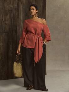 Linhara CURVE 大码女式优雅日常通勤宽松斜肩长袖喇叭袖口收腰衬衫 - 紅木色 - 查看 4