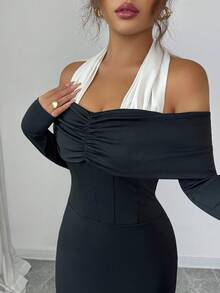 Elenzga 女士精致优雅针织单肩腰包及臀长裙，秋冬派对，女士婚礼宾客礼服 - 黑色 - 查看 5