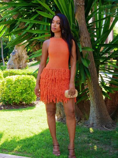 Yess Loren Women's Summer Fashion Solid Color Tassel Hem Knit Dress