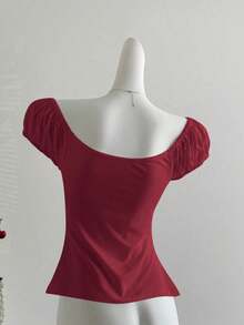 Camiseta de manga corta holgada con lazo y decoración de perlas para mujer en verano - Burdeos - Ver 6
