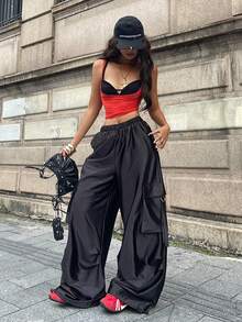 Coolane Pantalones anchos negros de estilo deportivo y callejero para mujer, ideales para salir en verano y otoño