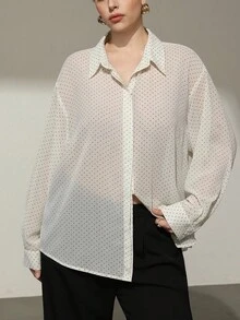 Aveloria Modichic Áo sơ mi tay dài chấm bi voan đen nền trắng rộng rãi thanh lịch đa năng thường ngày đi làm cổ bẻ thiết kế đơn giản cỡ lớn - trắng - Xem 3