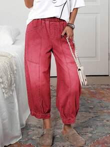EMERY ROSE 女式休闲复古水洗抽绳腰牛仔裤 - 紅色 - 查看 3