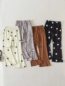 4 件套年轻女孩喇叭裤，波尔卡圆点，豹纹，千鸟格，纯黑色复古时尚百搭紧身裤，适合春、夏、秋、冬