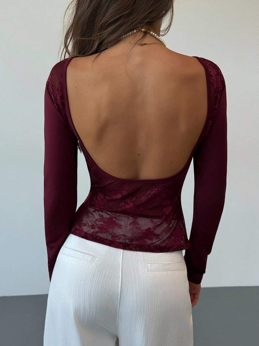 Aloruh Sexy Sheer Lace Long Sleeve Backless Top, Wine Red