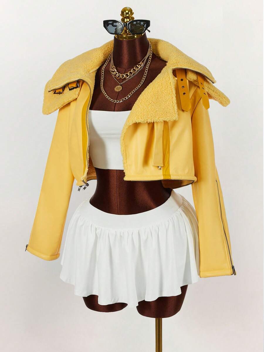 Y2K Amplova 女款黄色性感活力吸睛大翻领皮革和毛皮拉链长袖夹克，适合秋冬季上学和日常穿着 - 黃色 - 查看 1