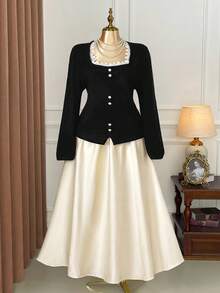 SHEIN Unity Never Out Of Style, Kooky Elegance Collection (Woe Is Me Vibes)(Wednesday Aesthetic) Plus Size Fashionable Elegant Tight Lace Collar Button Black Sweater Winter Fall Autumn - Black - View 3