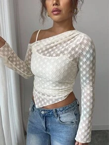 Selianne Fashionable New Oblique Shoulder Lace Sexy Lace Long Sleeve Women T-Shirt - Apricot - View 6