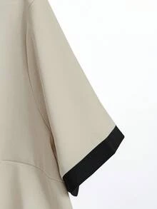 Franclia Plus Size Women's Woven Contrast Color Block V-Neck Short Sleeve Cardigan Shirt & Elastic Waist Straight Leg Pants Set, Elegant & Romantic - Khaki - View 5