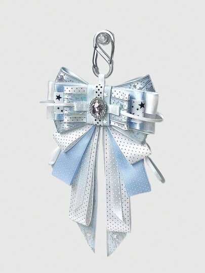 Kawaii 1 pièce Mignon porte-clés avec nœud imprimé d'étoiles, de notes de musique bleues et de dentelle 3D. Accessoire fait main de style Lolita pour sac, porte-carte de campus