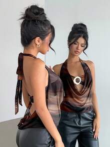 Aloruh 全新性感半透明低胸扎染印花现代金属装饰露背吊带背心，适合派对、优雅约会、秋季穿着、度假 - 彩色 - 查看 3